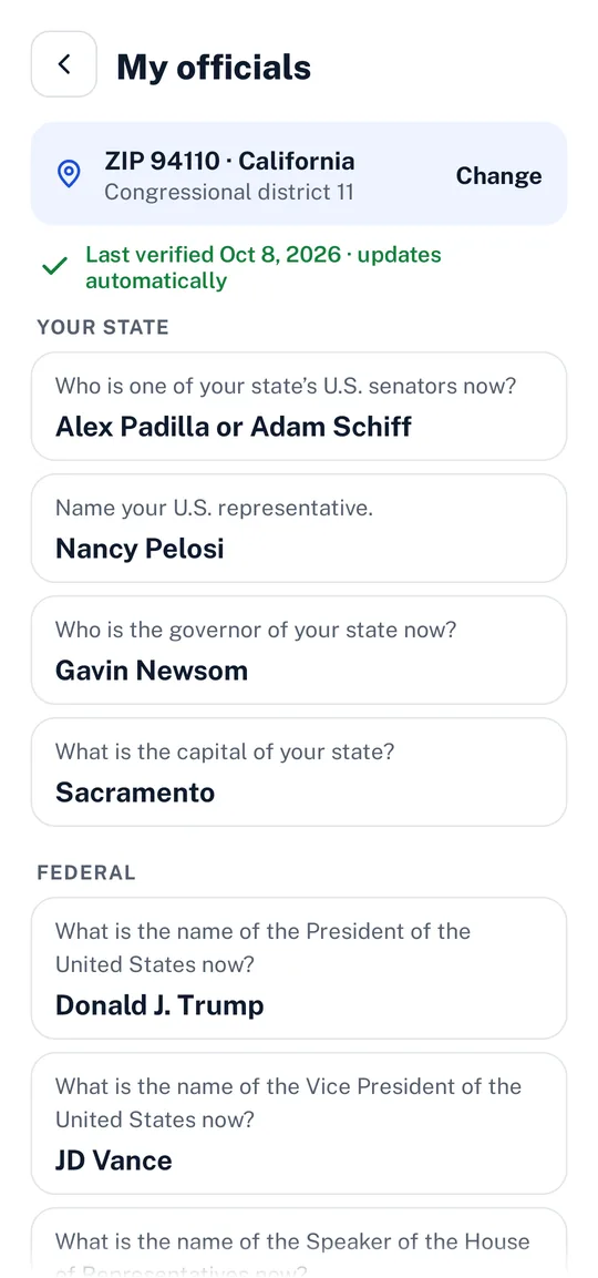 Belong's My officials screen with senators and a representative found by ZIP code
