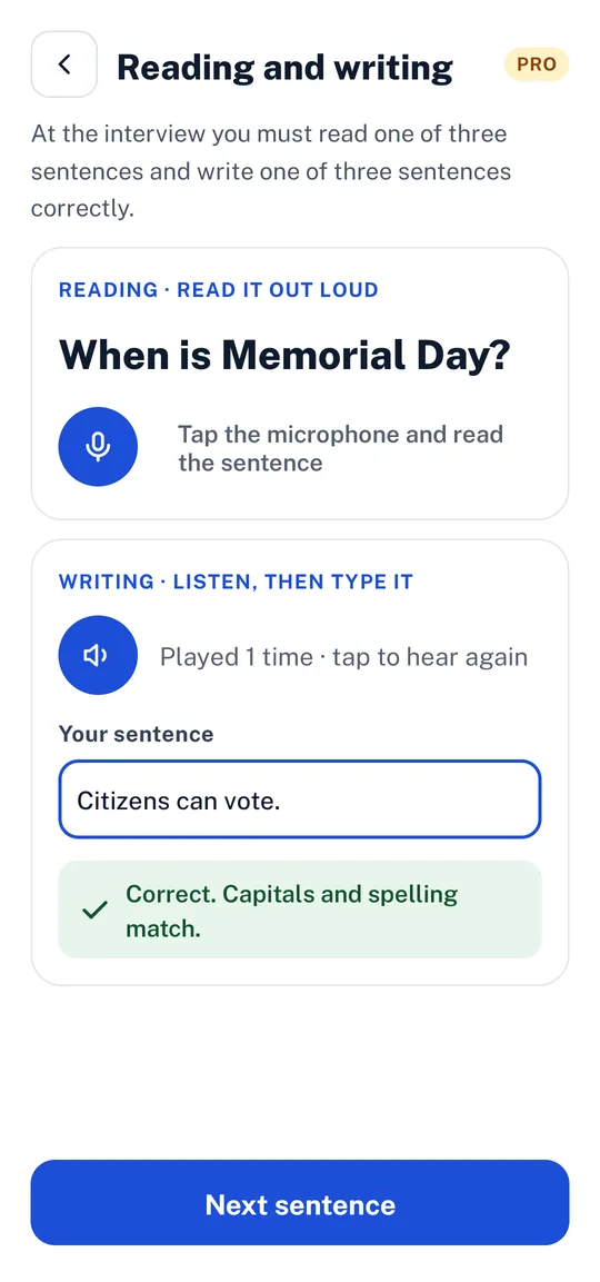Belong's reading practice with a sentence to read aloud