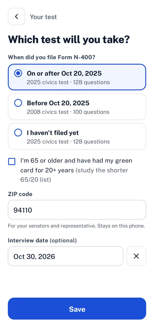 Belong's setup asking when the N-400 was filed, to pick the right test