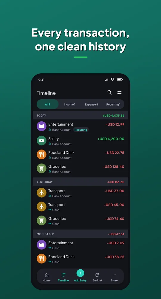 Coinly timeline: every transaction in one clean history