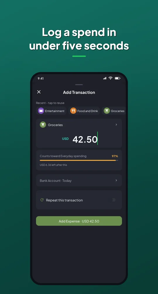 Coinly add transaction screen: log a spend in under five seconds