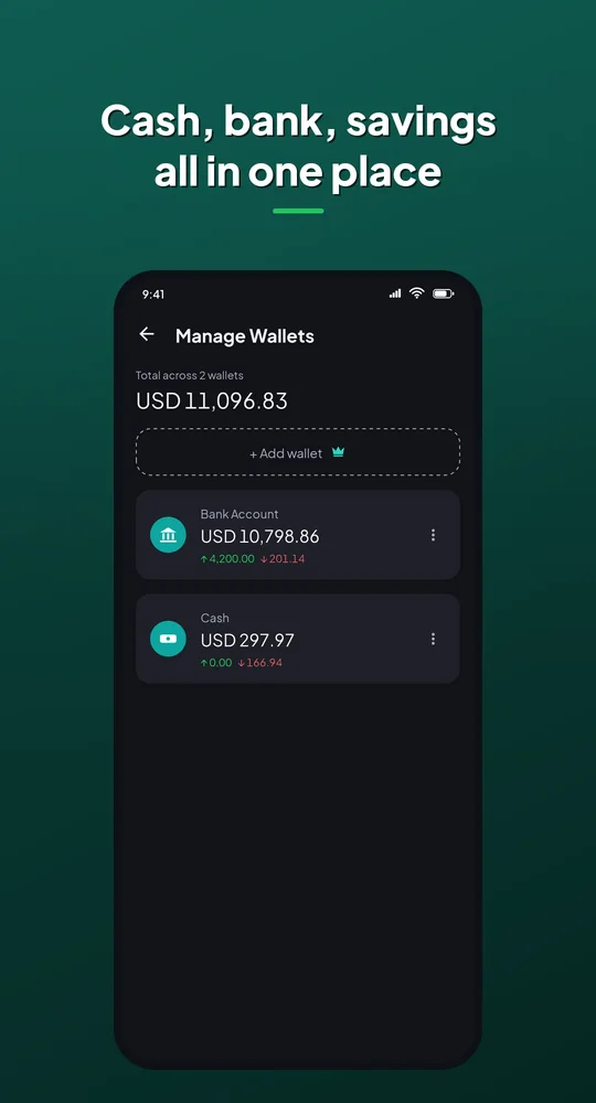 Coinly wallets screen: cash, bank and savings in one place