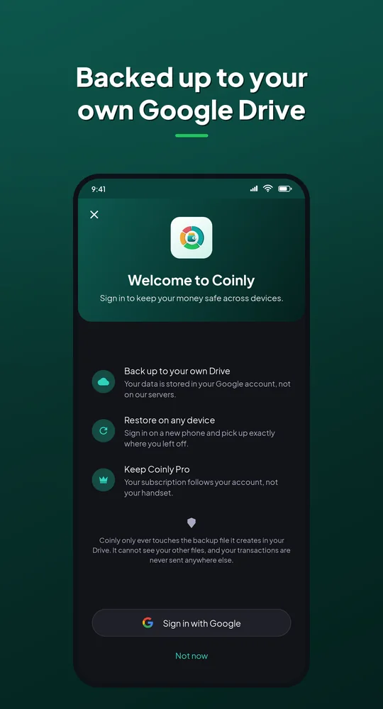 Coinly sign-in: backed up to your own Google Drive