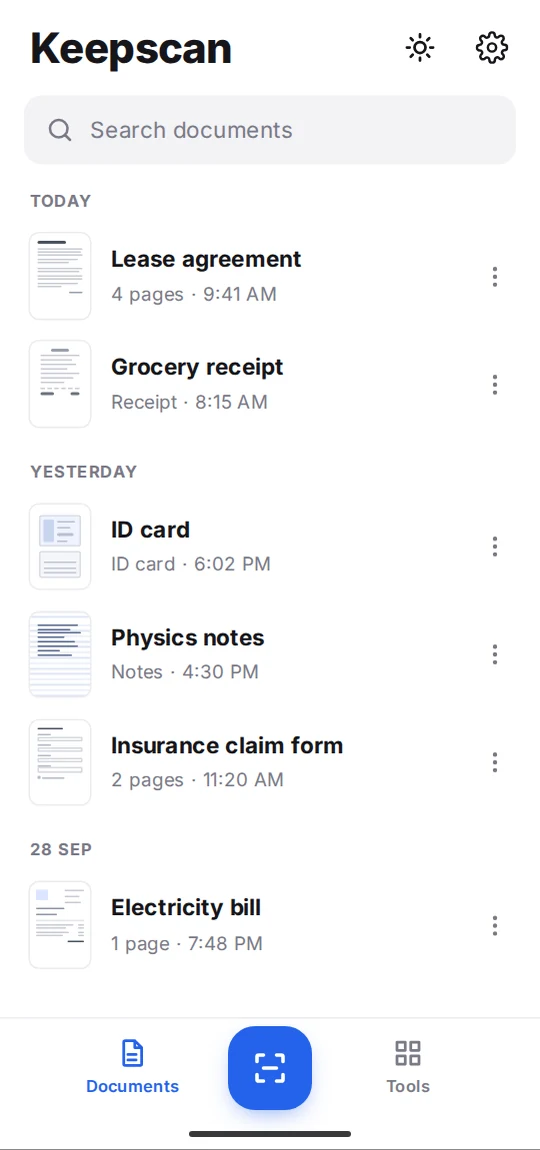 Keepscan's library grouped by day, with a search bar