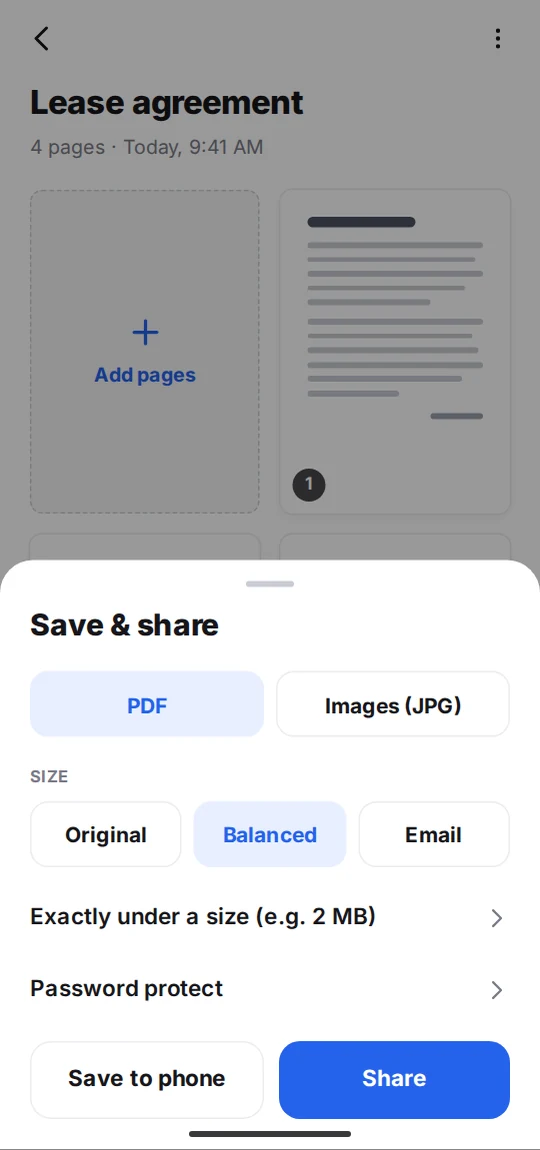 Keepscan's Save & share sheet with PDF or JPG and three sizes
