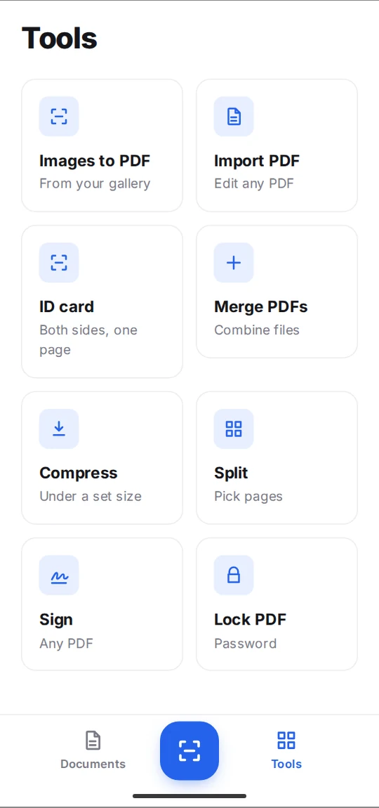 Keepscan's Tools: Images to PDF, Import PDF, ID card, Merge PDFs, Compress, Split, Sign and Lock PDF