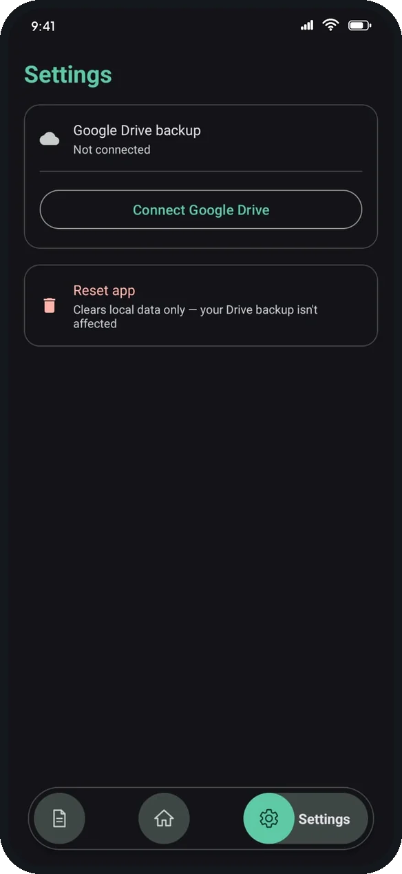 OneTap settings with Google Drive backup