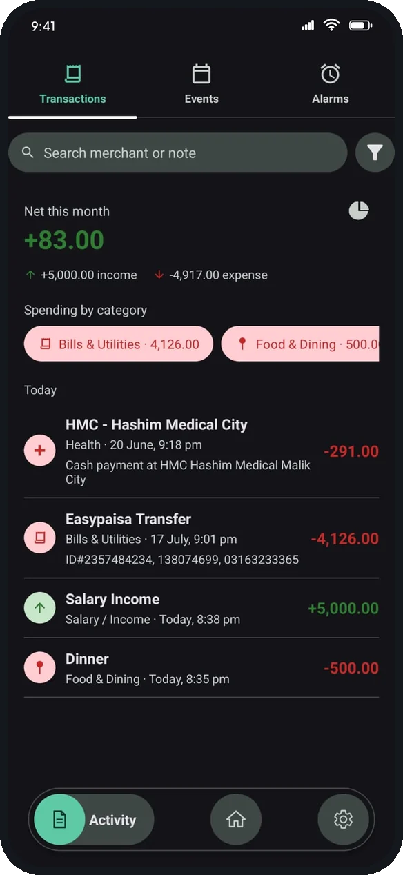OneTap transactions with spending by category
