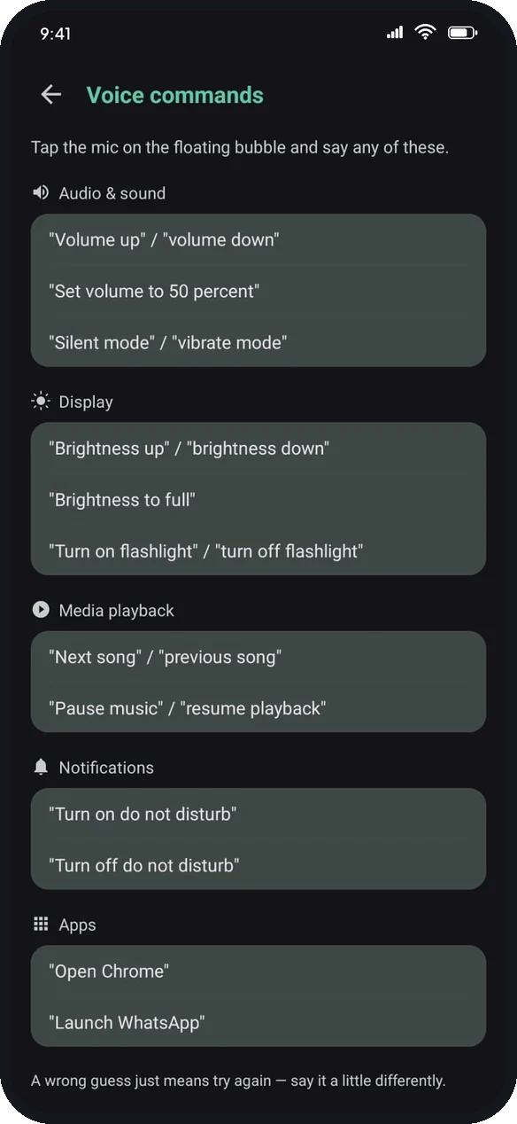 OneTap voice commands list