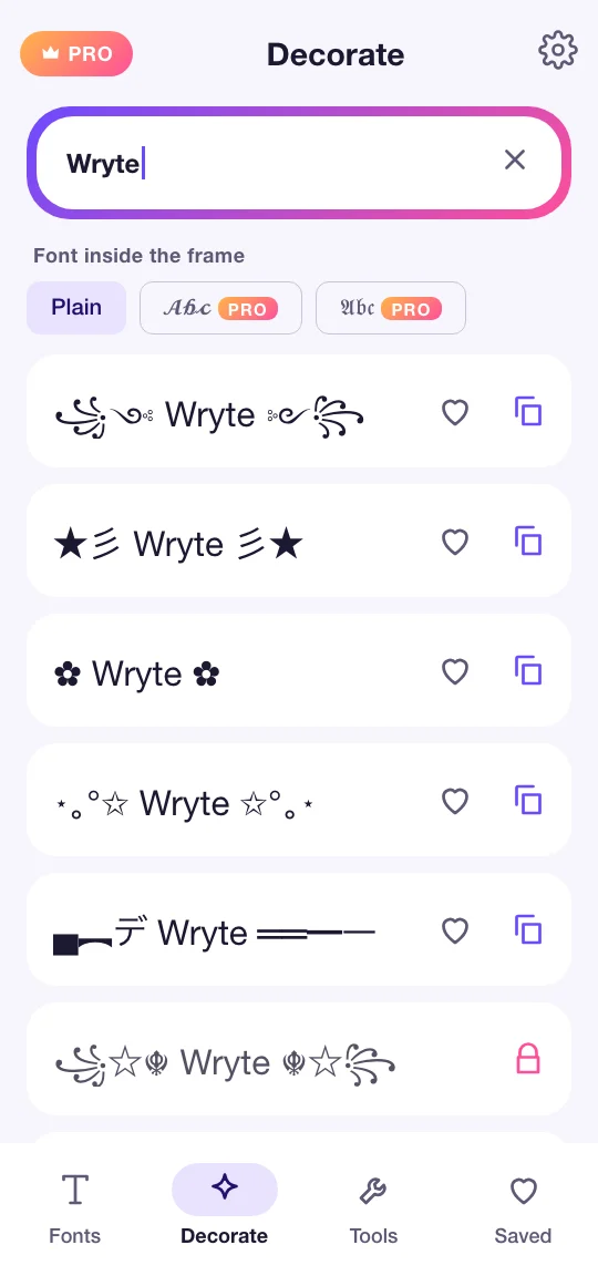 Wryte's Decorate screen: the name Wryte inside wings, stars, flowers and blade frames