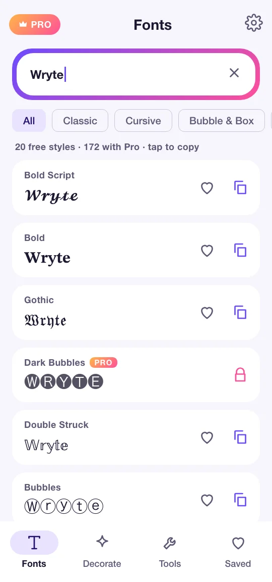 Wryte's Fonts screen: the word Wryte in Bold Script, Bold, Gothic, Dark Bubbles and Double Struck, each with save and copy buttons