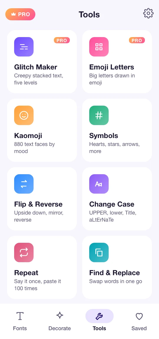 Wryte's Tools screen: Glitch Maker, Emoji Letters, Kaomoji, Symbols, Flip and Reverse, Change Case, Repeat and Find and Replace